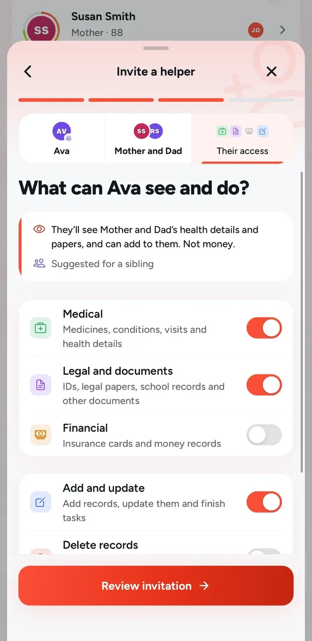 Bearing Life invite screen with Medical turned on and Financial turned off